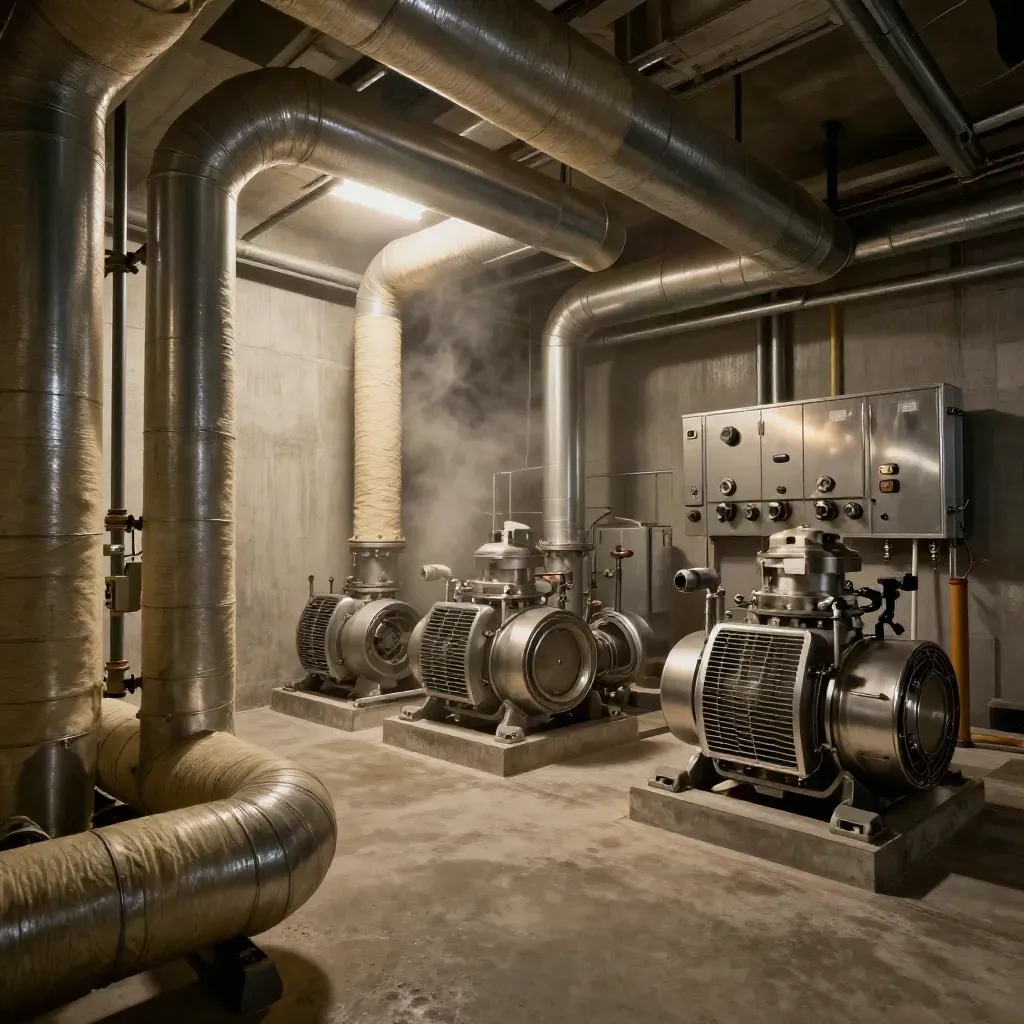 Retrofit mechanical room with insulated pipes, pumps, ducts, and soft steam in calm order