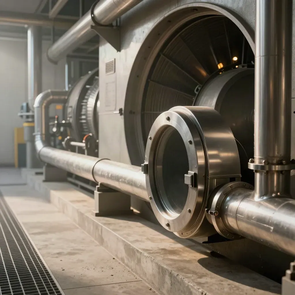 Low corridor of stainless pipes, sealed hatch, mist, and turbine hall haze