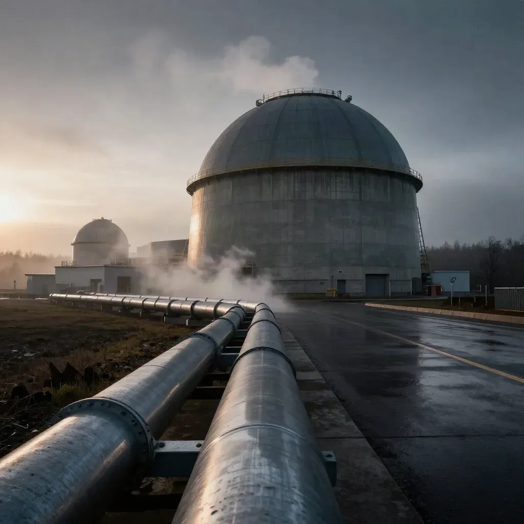 Pre-dawn nuclear station with dome, turbine hall, conduit and steam in mist