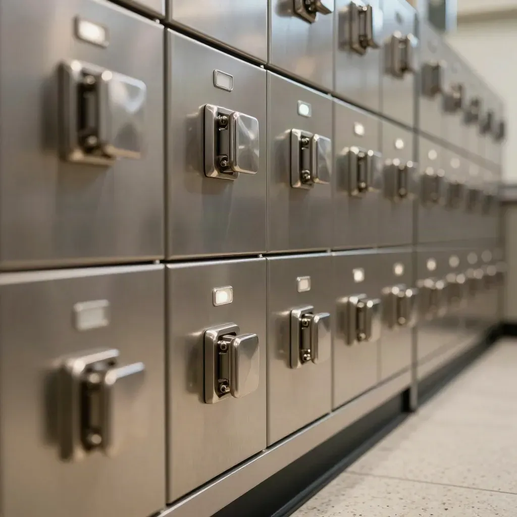 Extreme macro of locked stainless control cabinets with steady compliance lights.