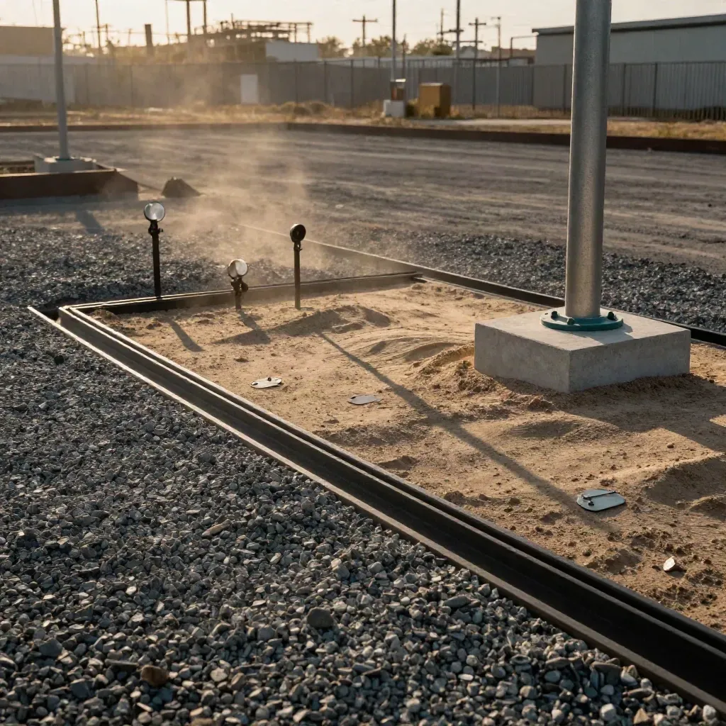 Feasibility site pad with transformer base, cable troughs, survey beacons and graded gravel in warm light.