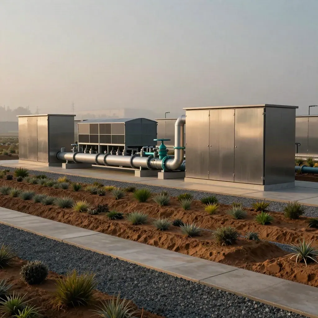 Battery cabinets and heat-recovery skid among native plantings in a quiet sustainable energy yard.