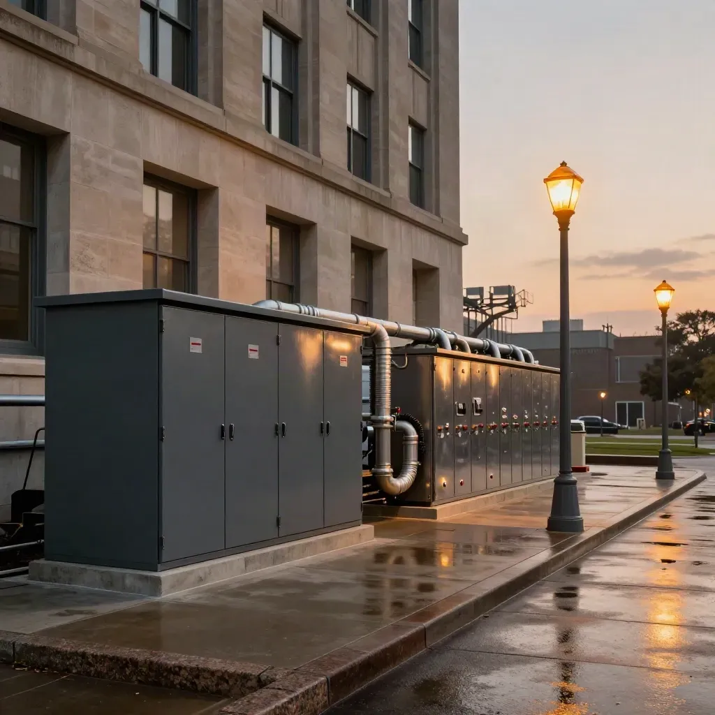 Empty civic district-energy substation beside city hall at dusk with new streetlights and warm haze.