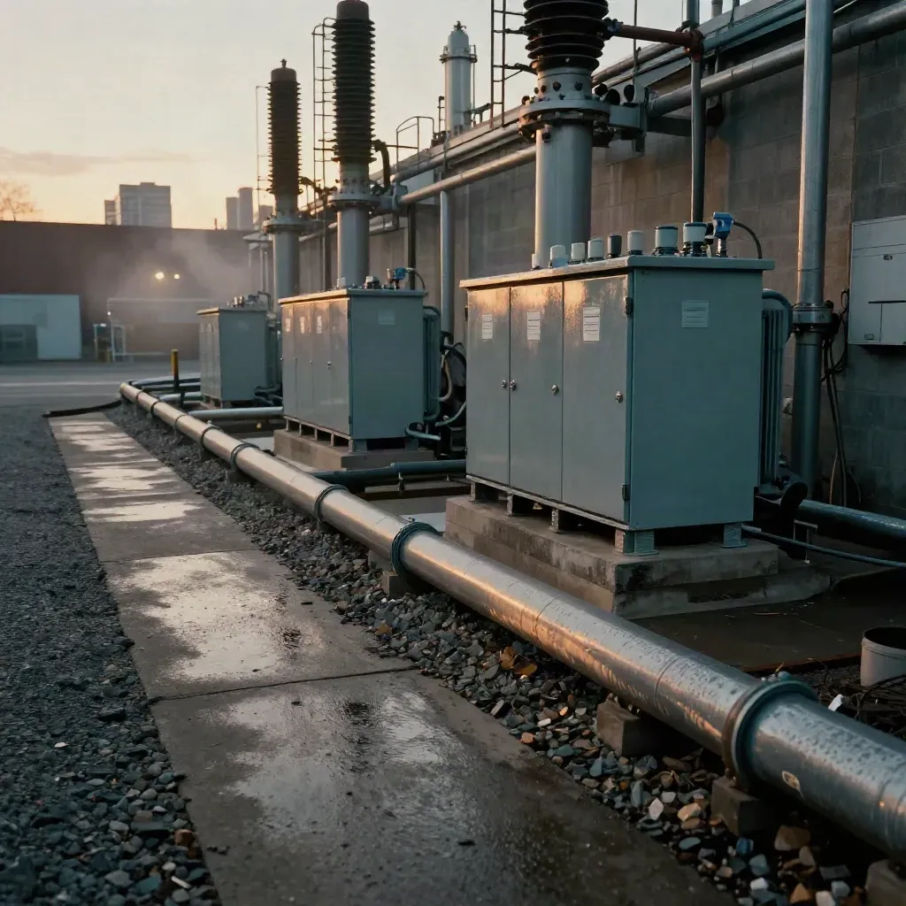 Retrofit industrial yard with battery cabinet, transformer bank, and misty city light