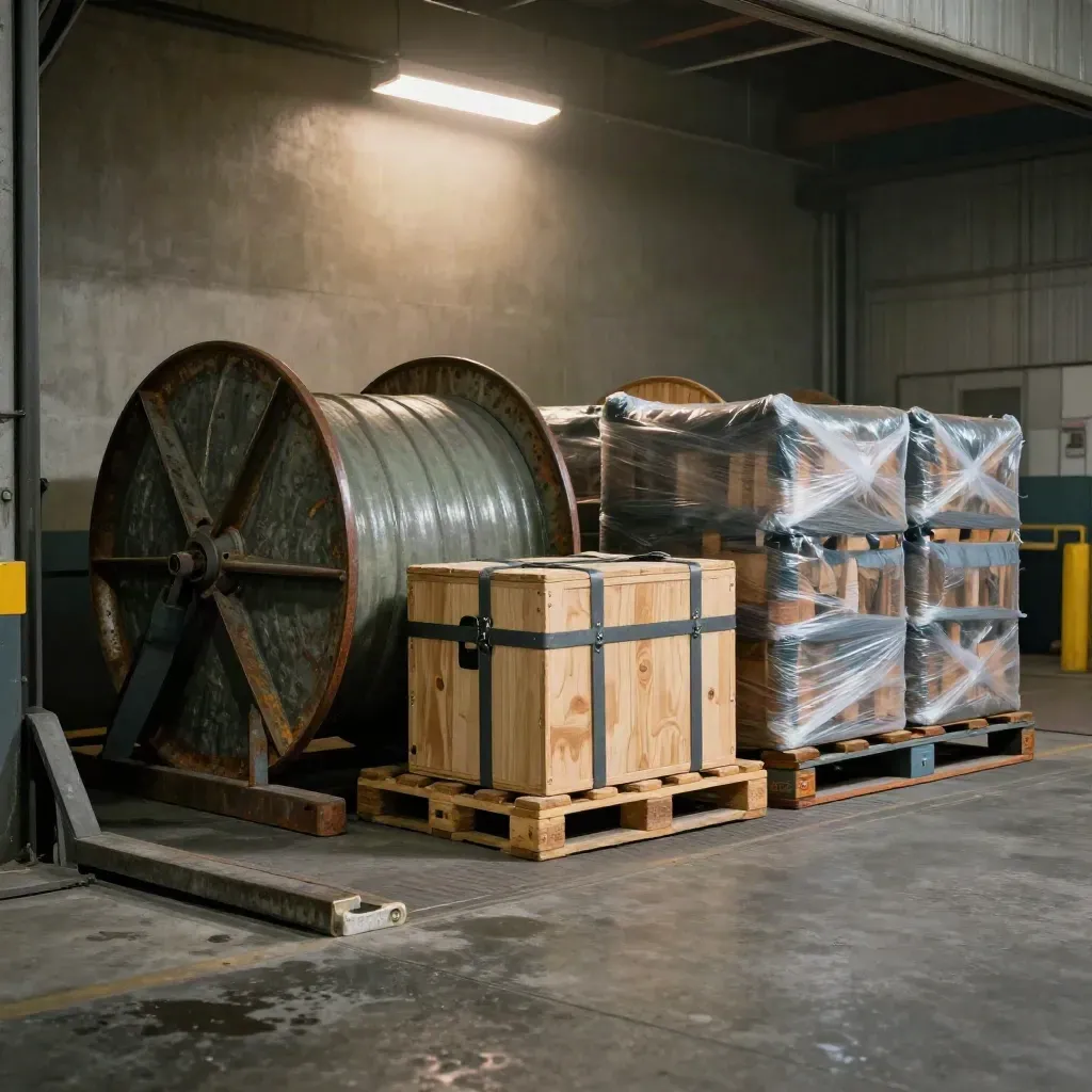 Cable drums, sealed crate and pallets staged in a warehouse loading bay under hazy sodium light.