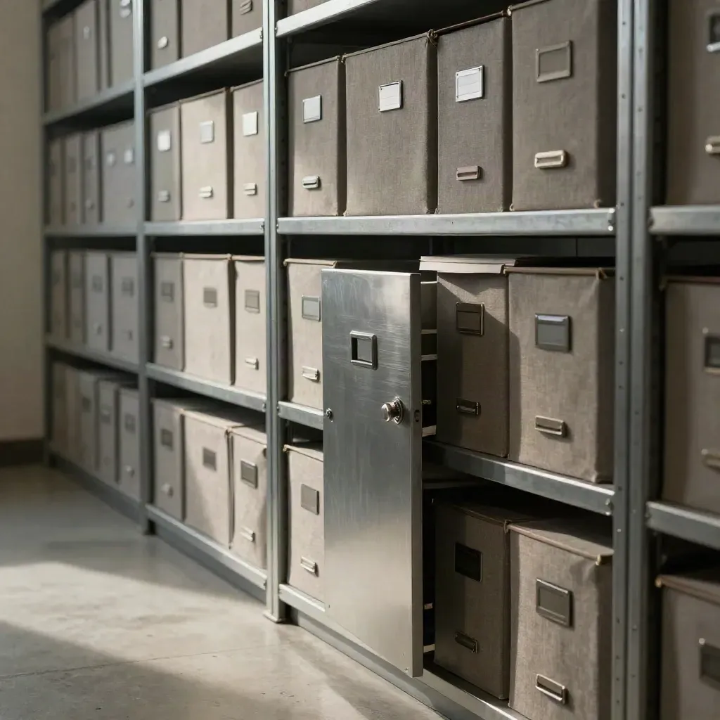Secure records room with archive boxes, binders and a locked steel cabinet in soft daylight.