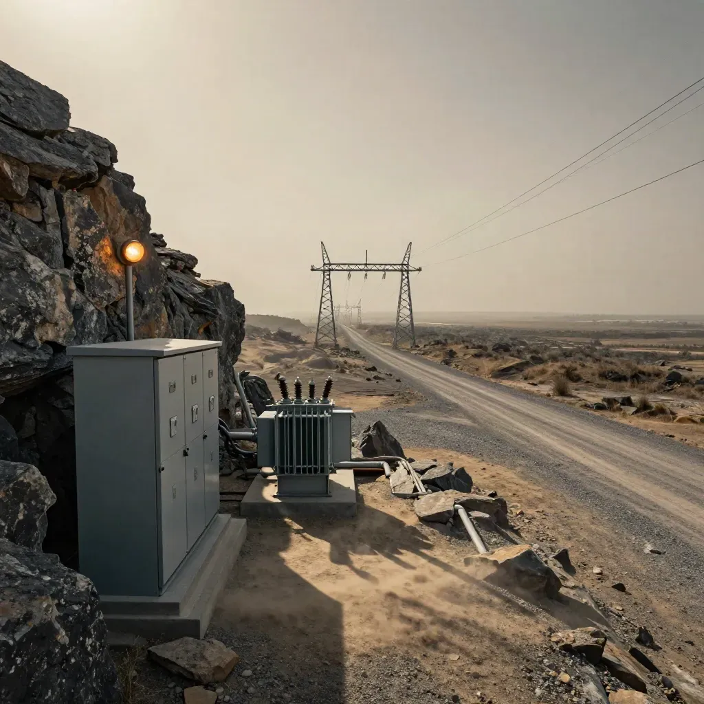 Remote mine substation with transmission lines and dusty access road on a rock shelf