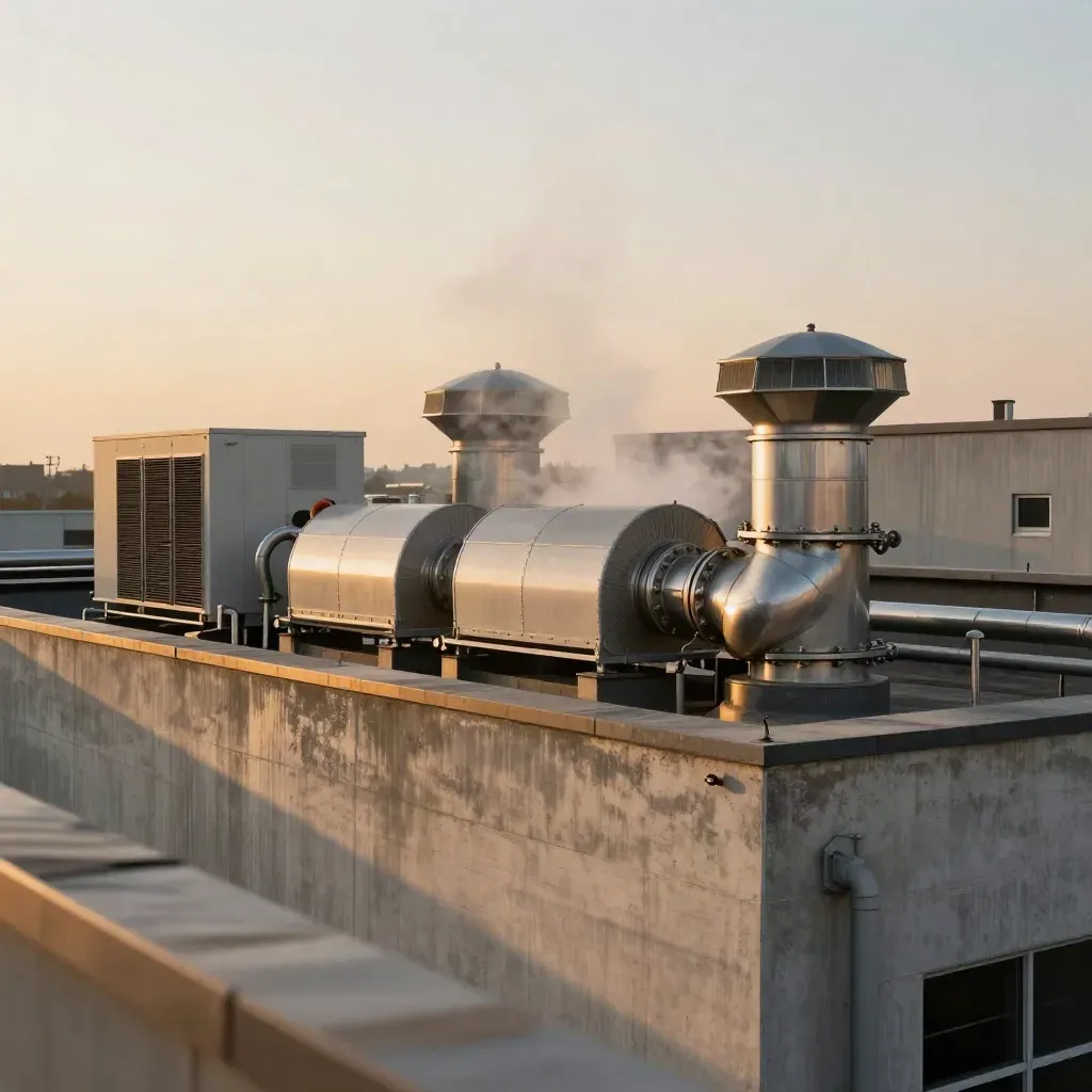 Low-angle rooftop view of a food plant with heat-recovery units and polished piping in warm evening light.