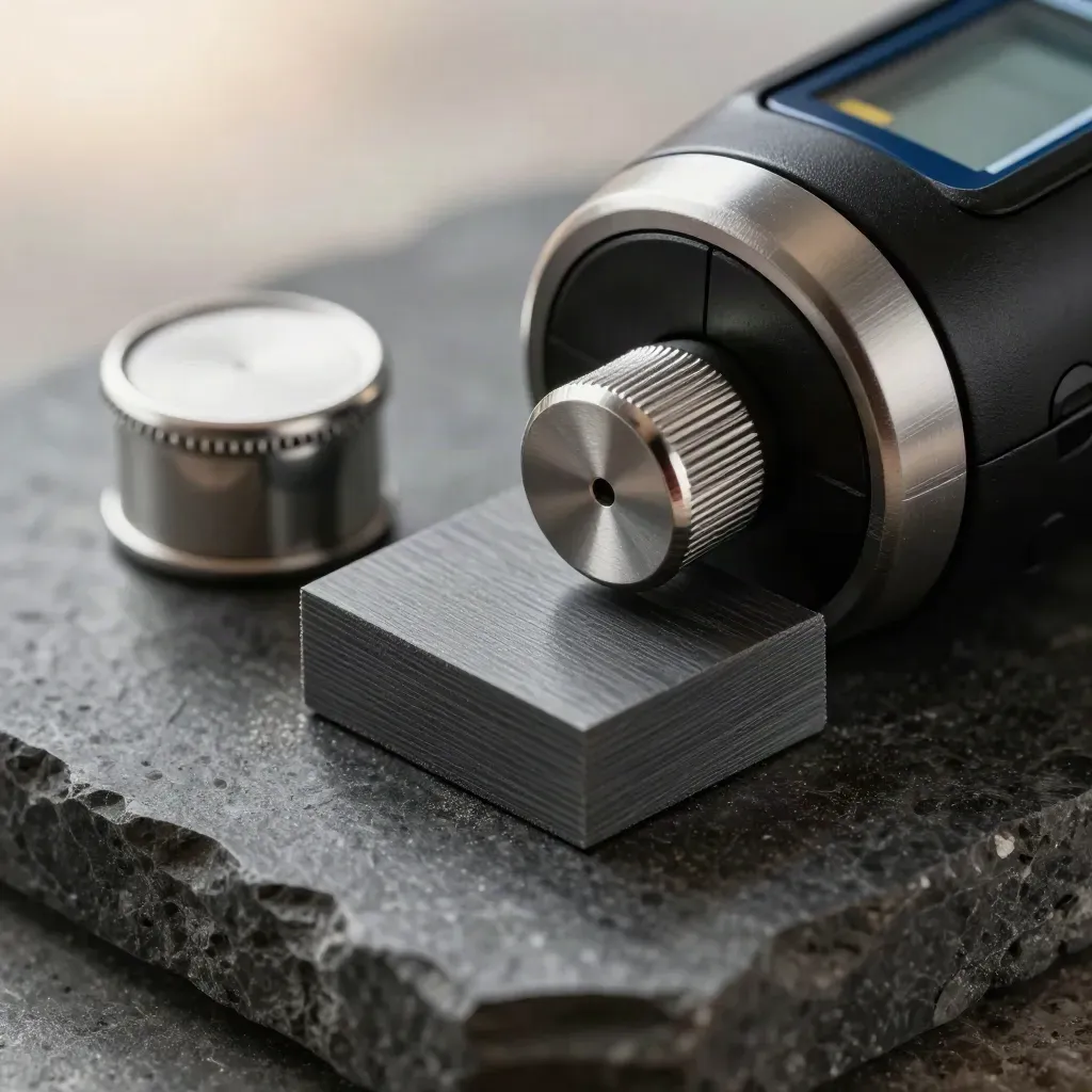 Macro still life of a radiation survey meter, sample canister and graphite block on dark basalt.