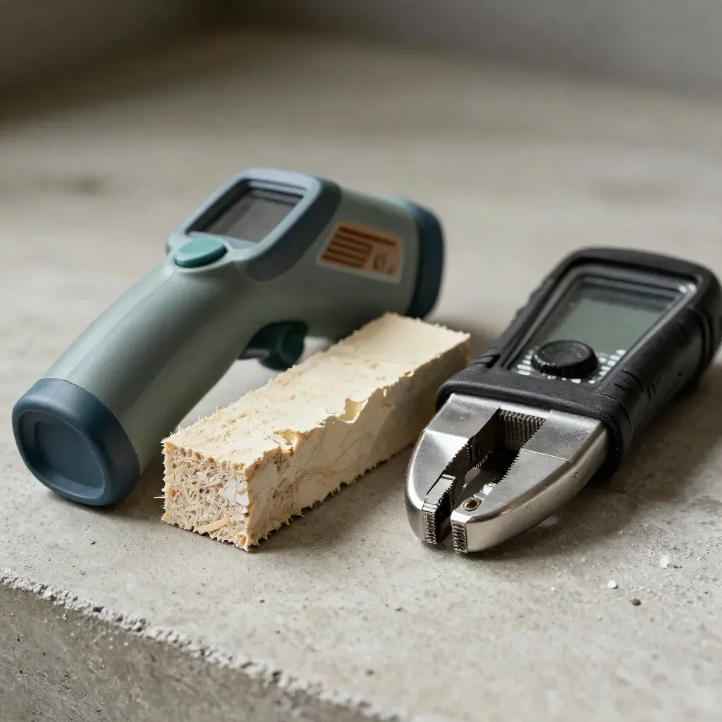 Infrared thermometer, insulation sample, and clamp meter on pale concrete