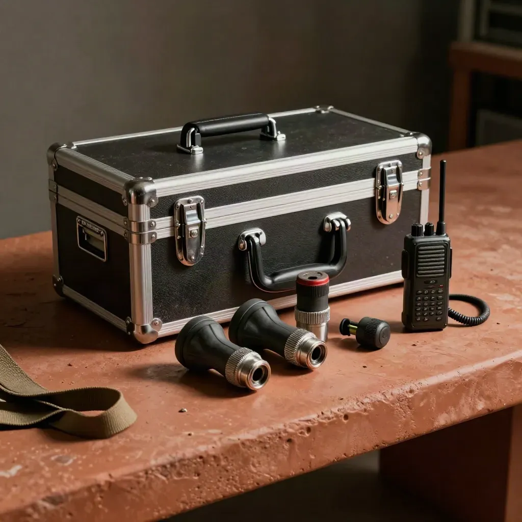 Rugged transit case, cable ends, and site radio on a terracotta workbench.