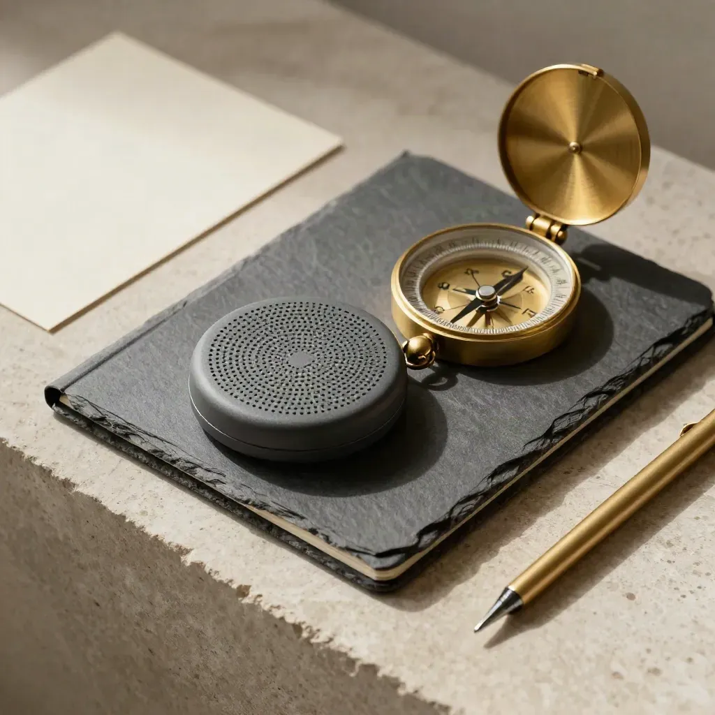Slate notebook, speaker puck, and brass compass on pale stone under soft side light.
