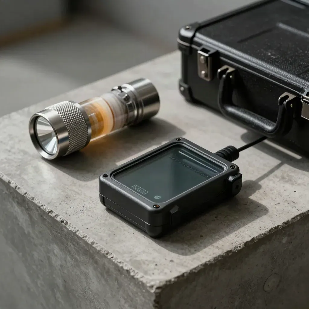 Portable dosimeter, flashlight, core sample cylinder, and black case on concrete.