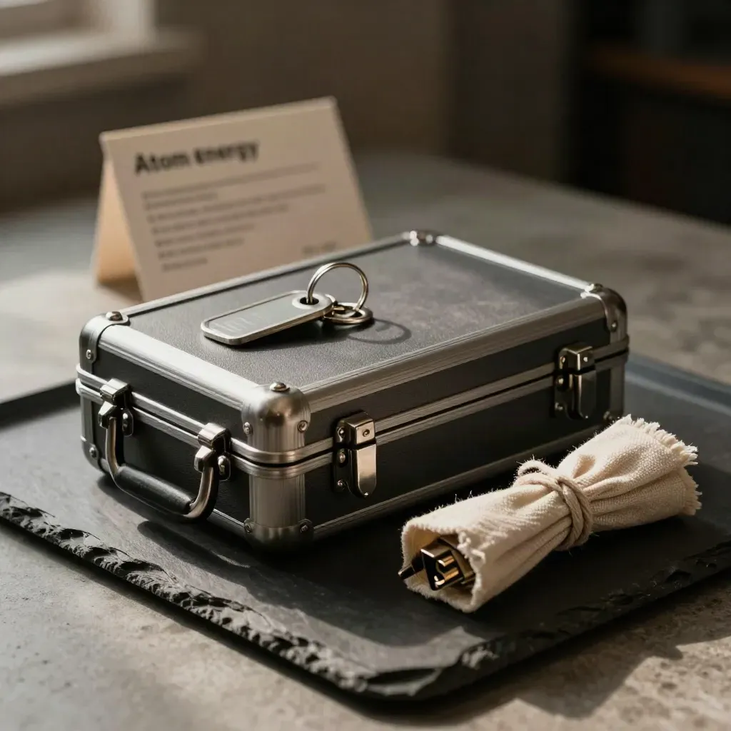 Sealed equipment case, silver key tags, and wrapped connector bundle on a slate tray