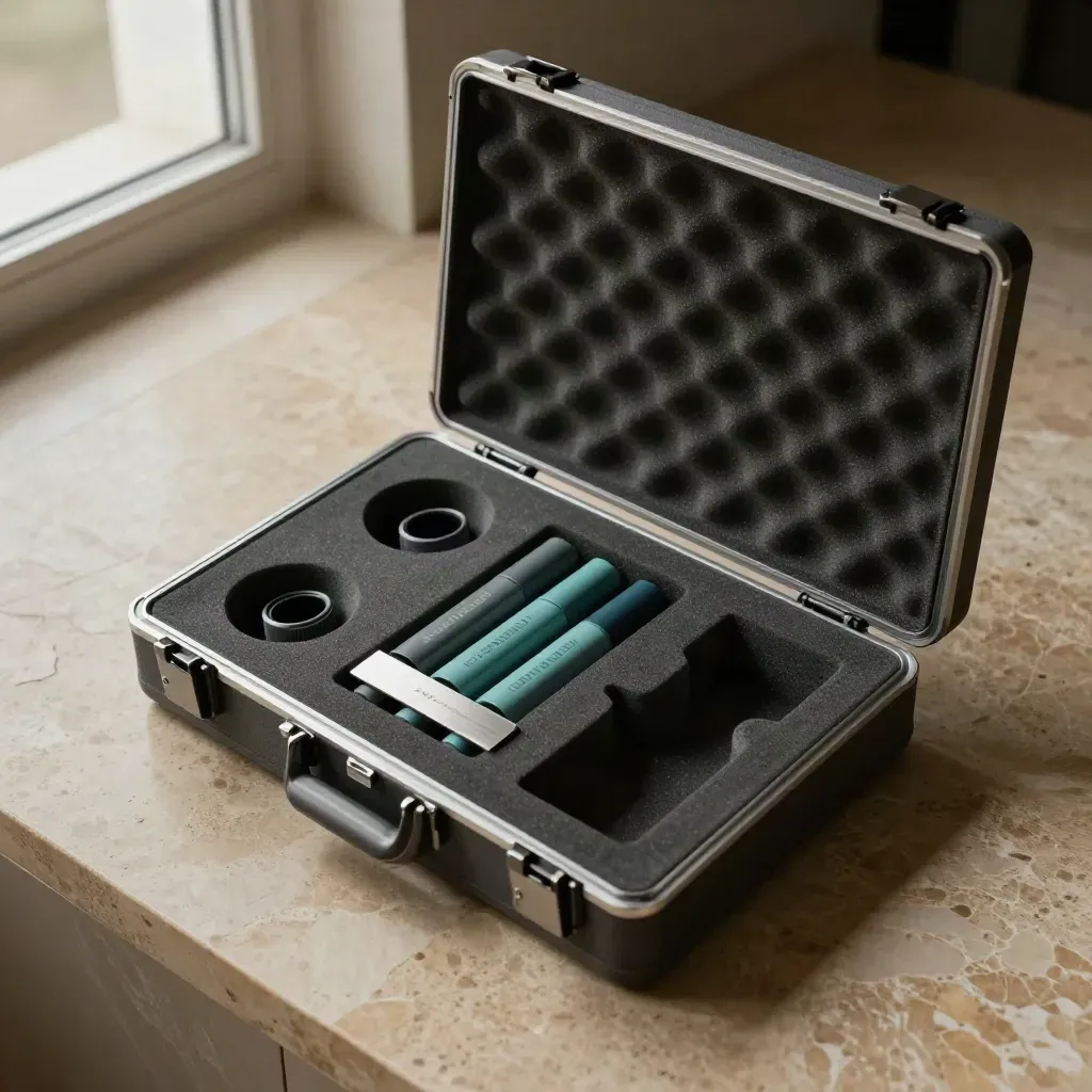 Top-down open project case with foam inserts, teal markers, and nested cable ends on pale stone.