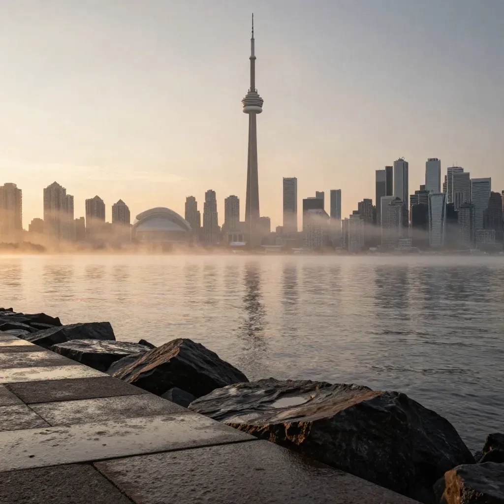Toronto skyline and CN Tower at sunrise over misty Lake Ontario