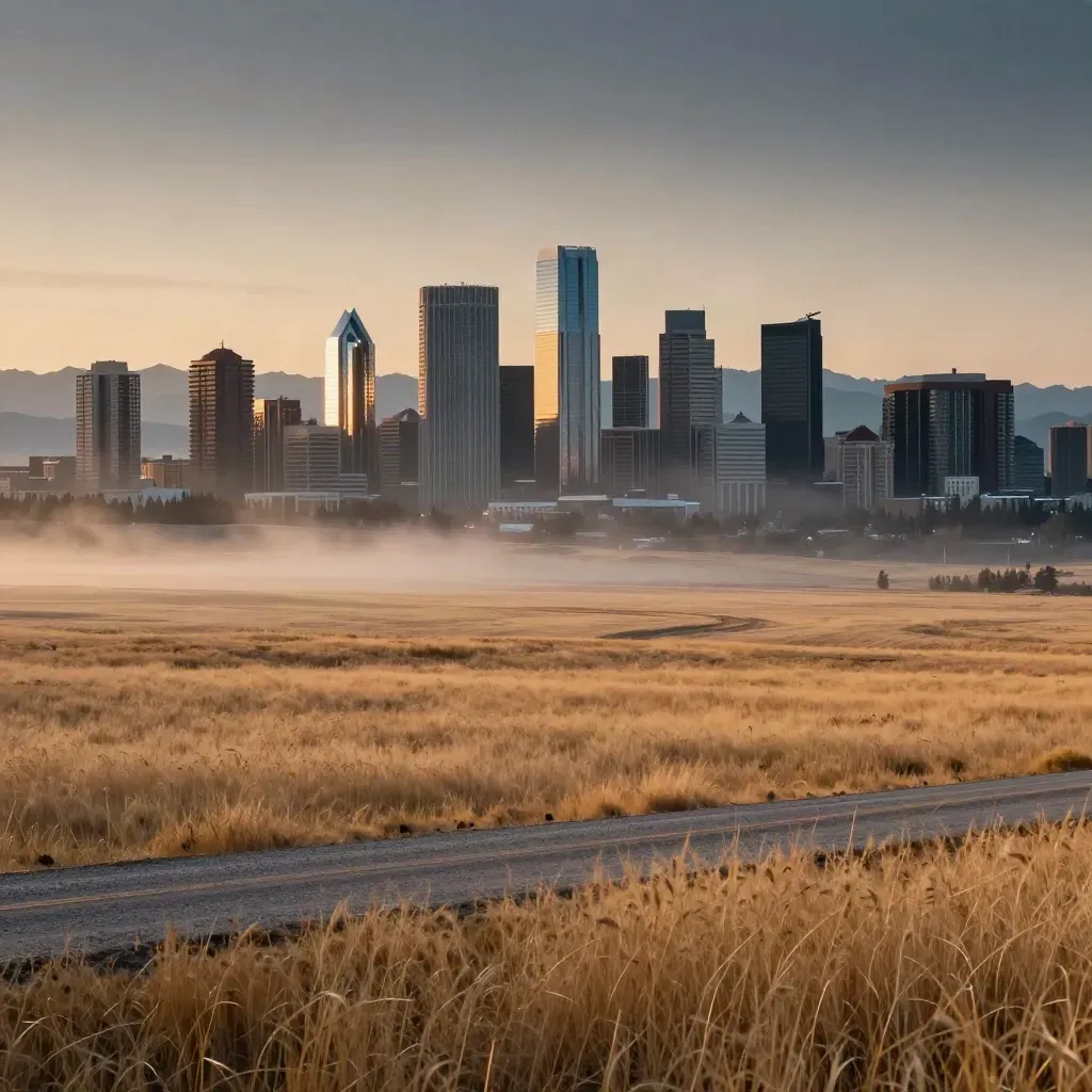 Calgary skyline above prairie at golden hour with the Rockies faint in the distance