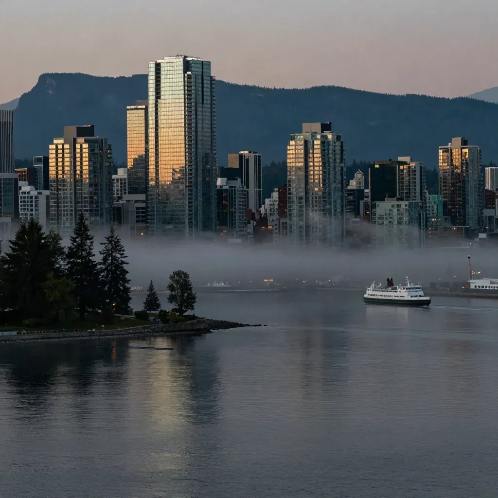 Vancouver harbour skyline in marine fog with North Shore mountains at blue hour