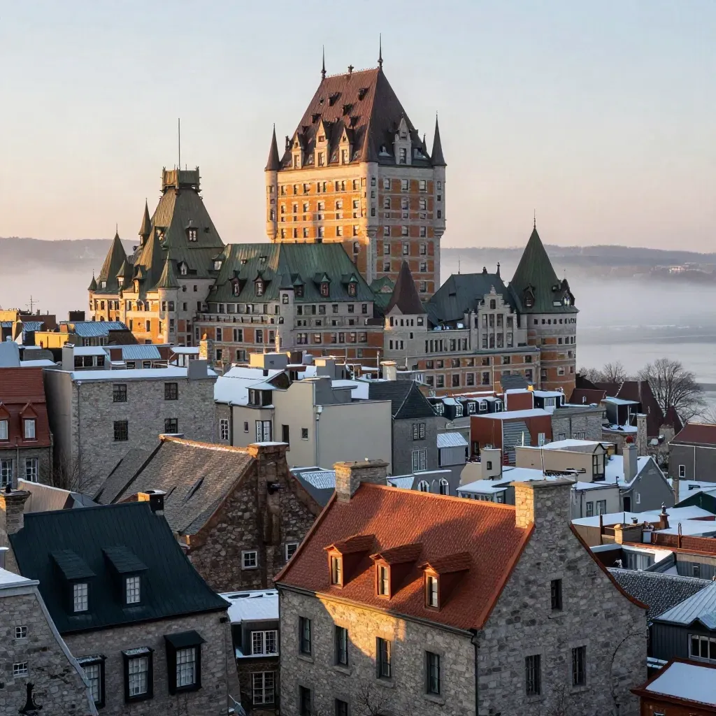 Old Quebec rooftops and Château Frontenac above the St. Lawrence in winter haze